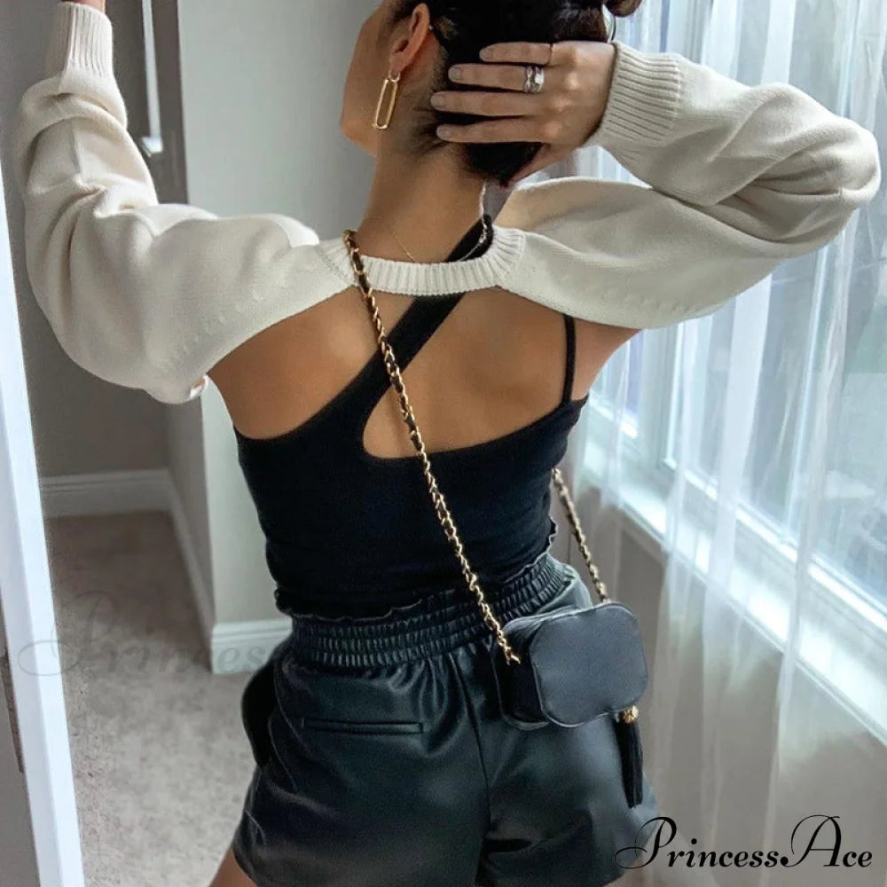 Knit Sweater Stylish Cropped Sleeve Sweaters-L