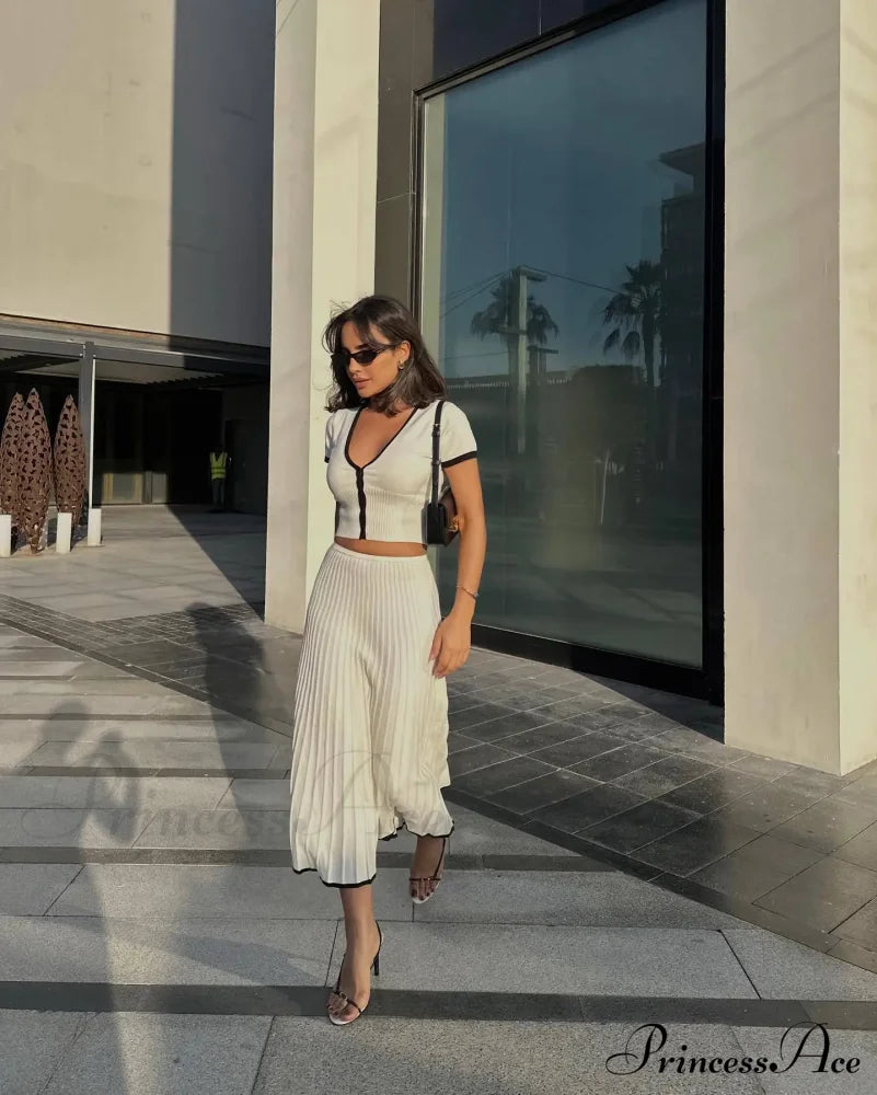 Knit Two Tone Short Sleeve Buttoned Modern Top And Pleated Midi Skirt Set