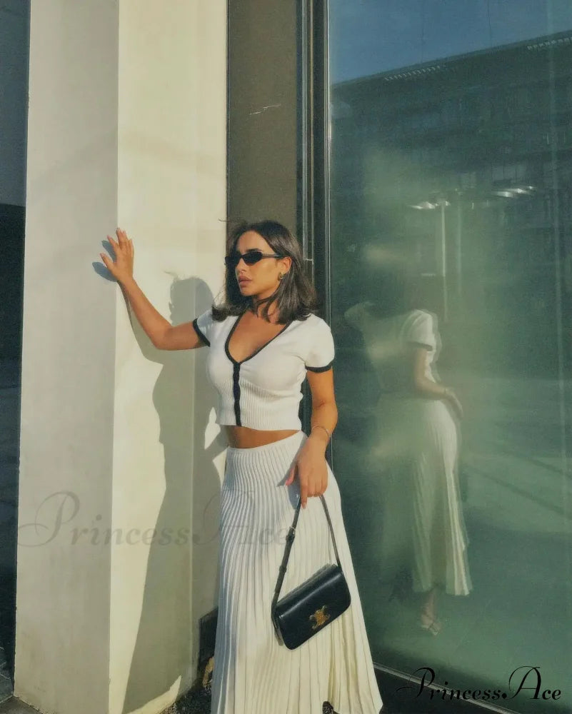 Knit Two Tone Short Sleeve Buttoned Modern Top And Pleated Midi Skirt Set