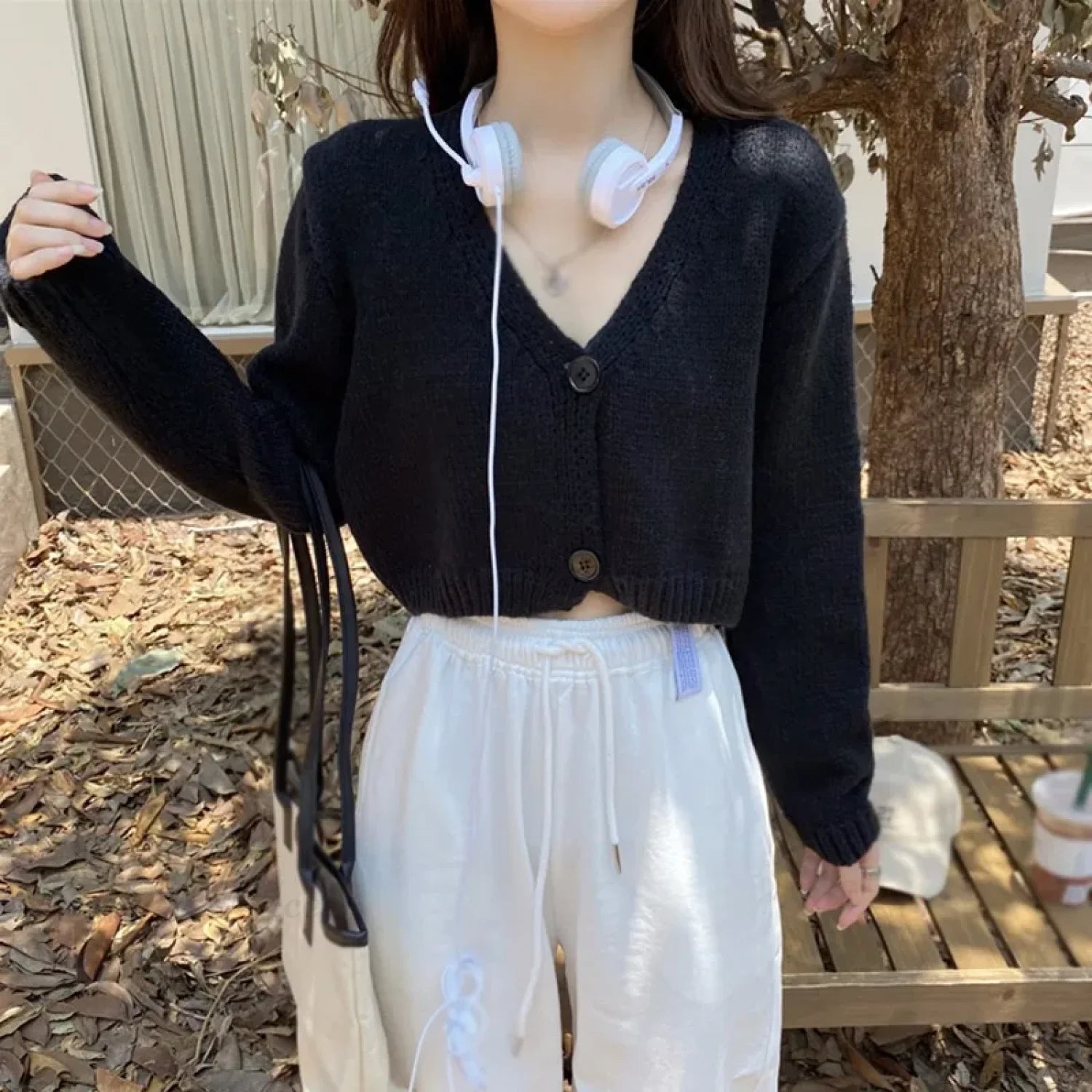 Knitted Cropped Korean V-Neck Y2K Cardigan BLACK / One Size cardiagn-250126