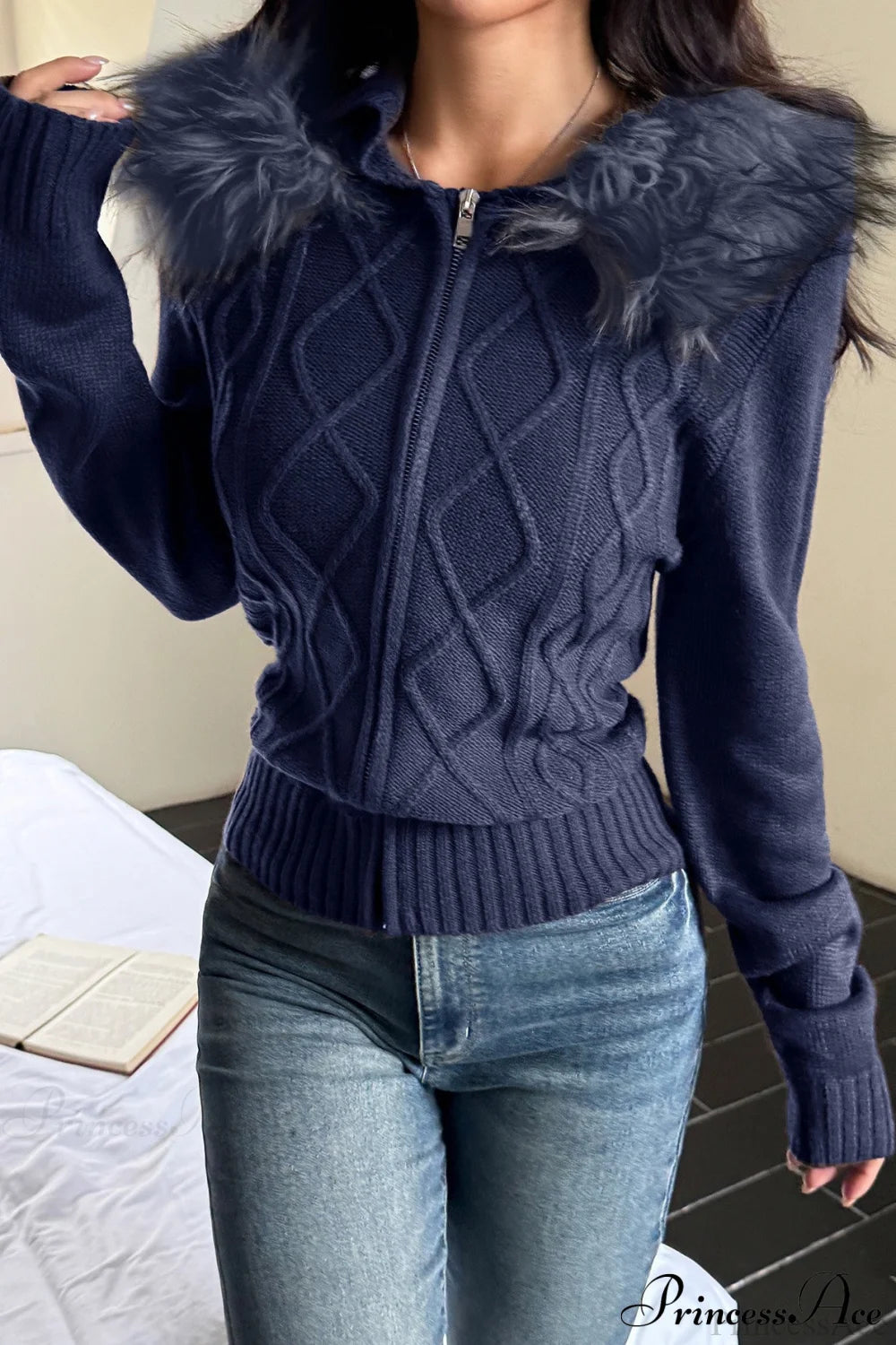 Knitted Fleece Collar Waist-Cinched Zip Hoodie Navy Blue / S