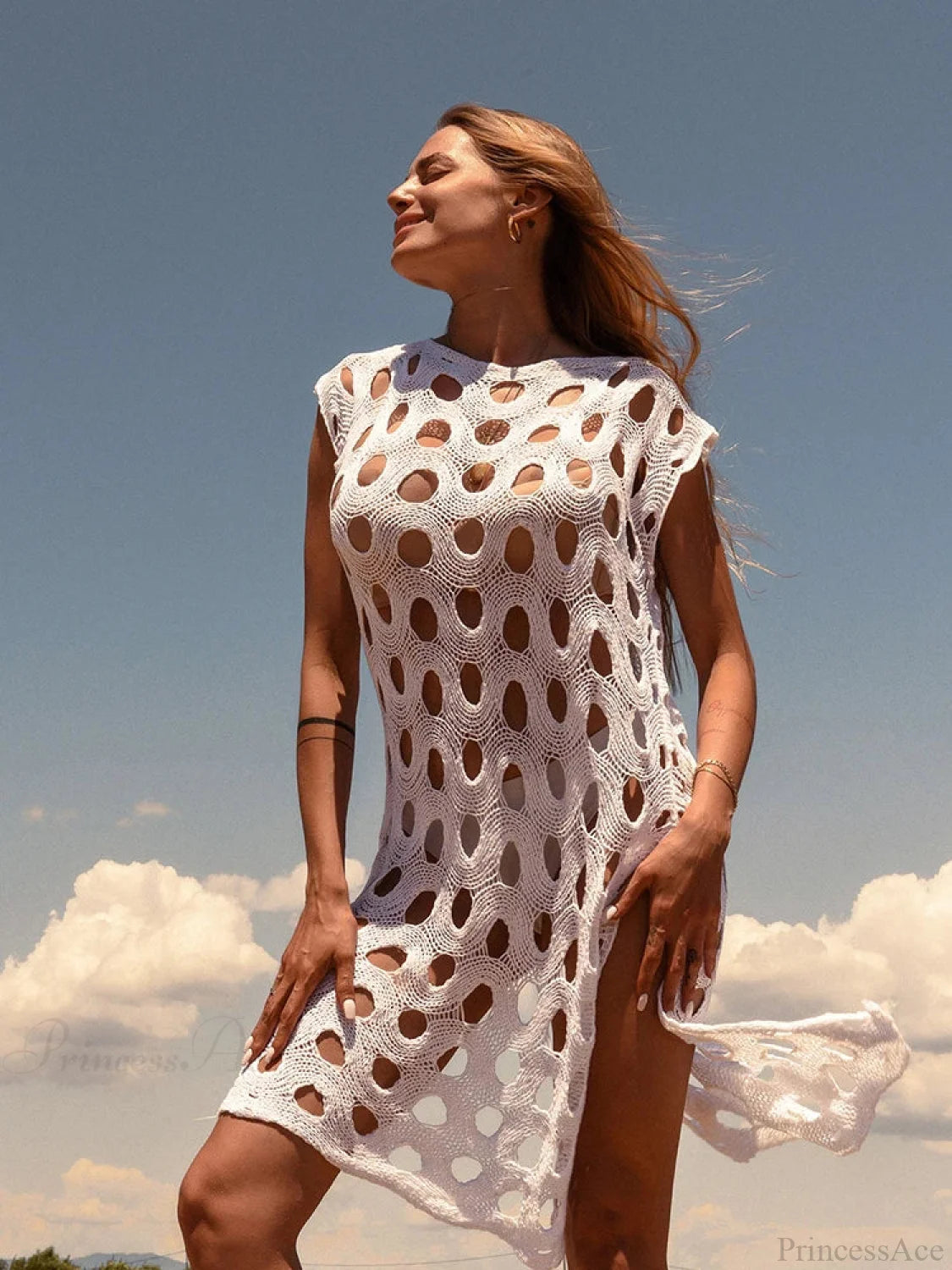 Knitted Hollow Out Bikini Cover Up WHITE / One Size