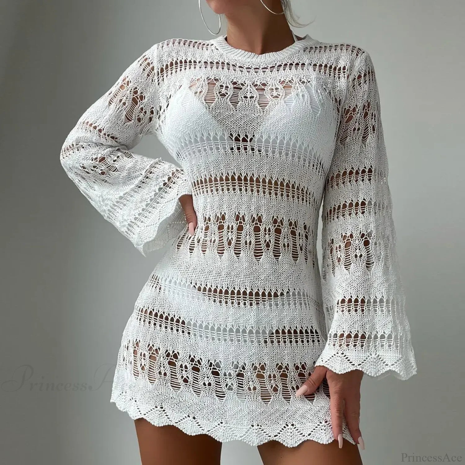 Knitted Hollow Out Sexy Backless Beach Mini Boho Dress Cover-up bohodress-250126