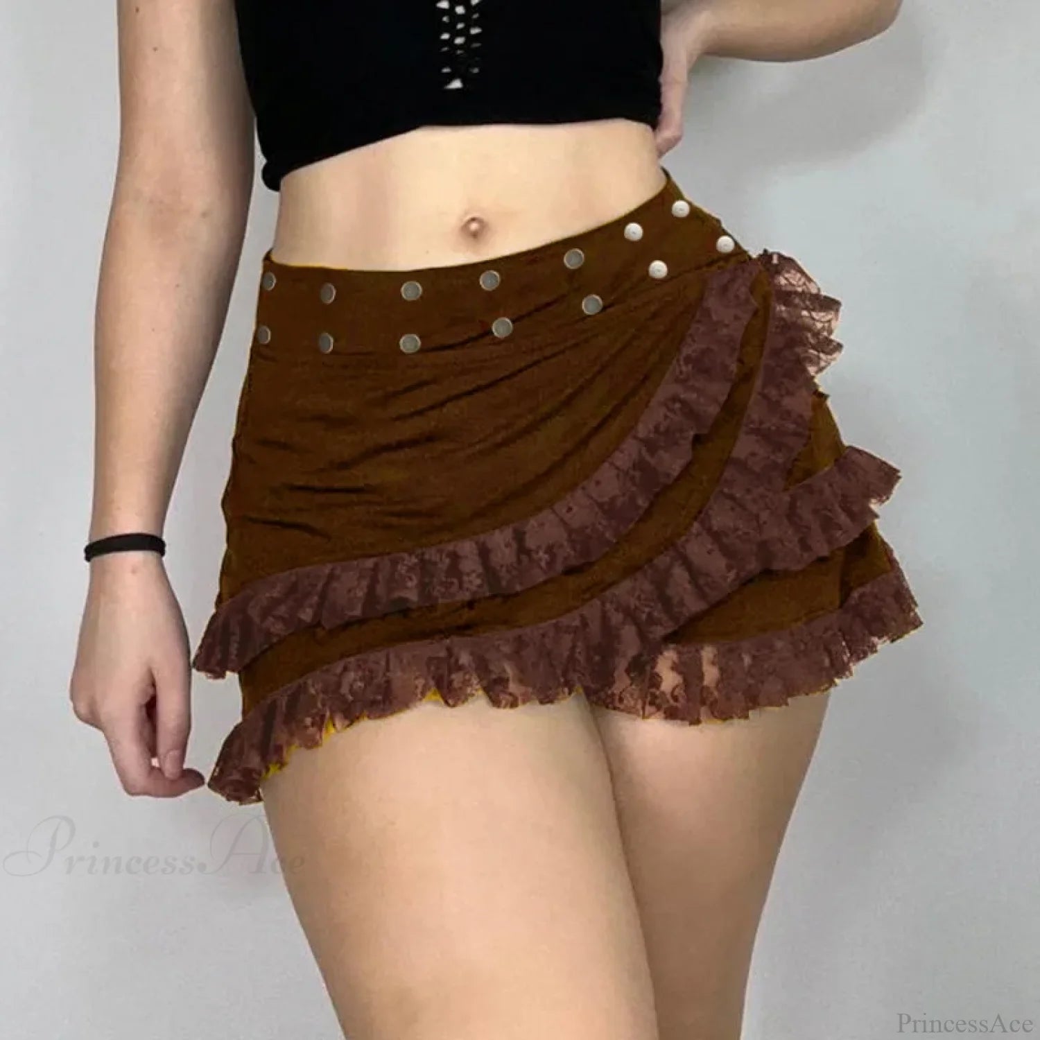 Knitted Lace Ruffled Brown Skirt skirts-250223