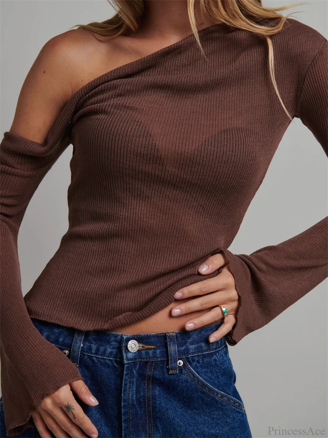 Knitted Long Flare Sleeve Solid Slim Fit T-Shirts Off Shoulder