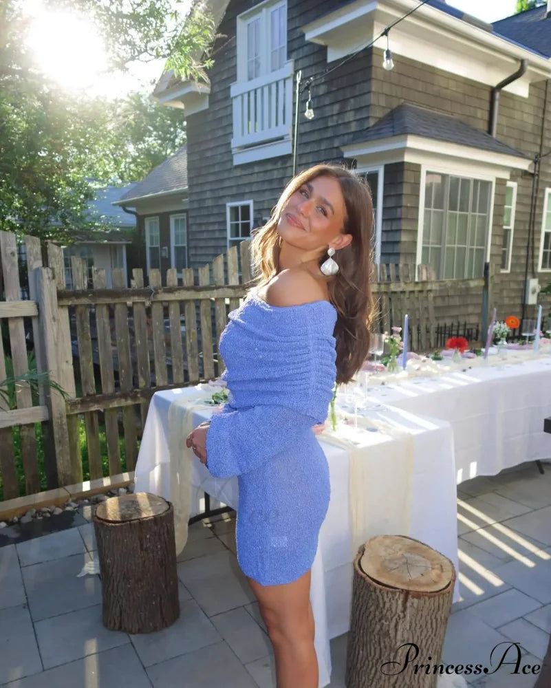 Knitted Off-Shoulder Long Charming Sleeve Mini Dress Solid