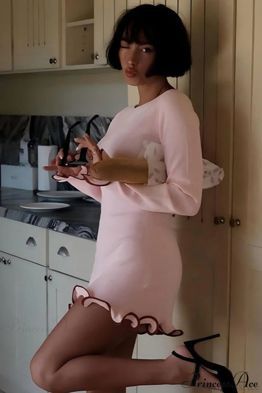 Knitted Ruffled Tight Long Sleeve Mini Dress