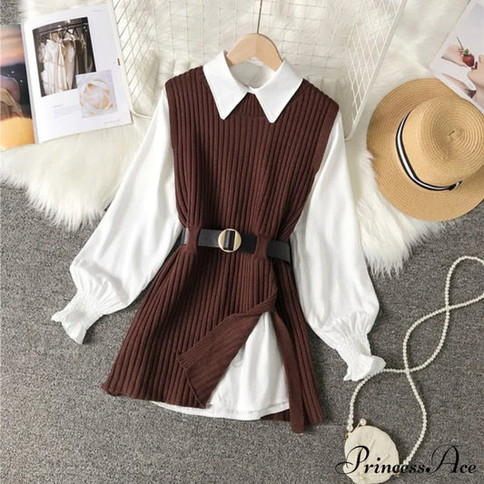 Knitted Set Waistband Style Blouse Top - Women’s Lantern College And Vest Arm Uk900 Coffee / One