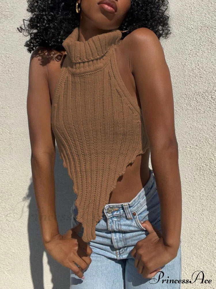 Knitted Turtleneck Backless Crop Top Free From Label