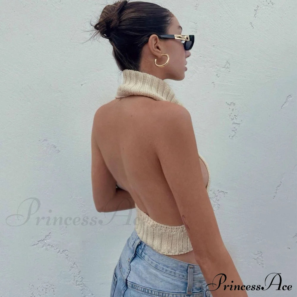 Knitted Turtleneck Stylish Backless Crop Top Shirts & Tops