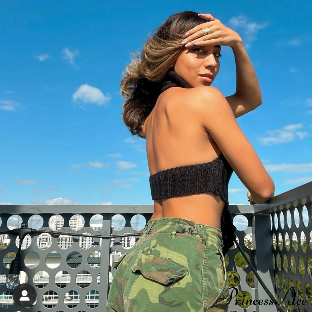 Knitted Turtleneck Stylish Backless Crop Top Shirts & Tops