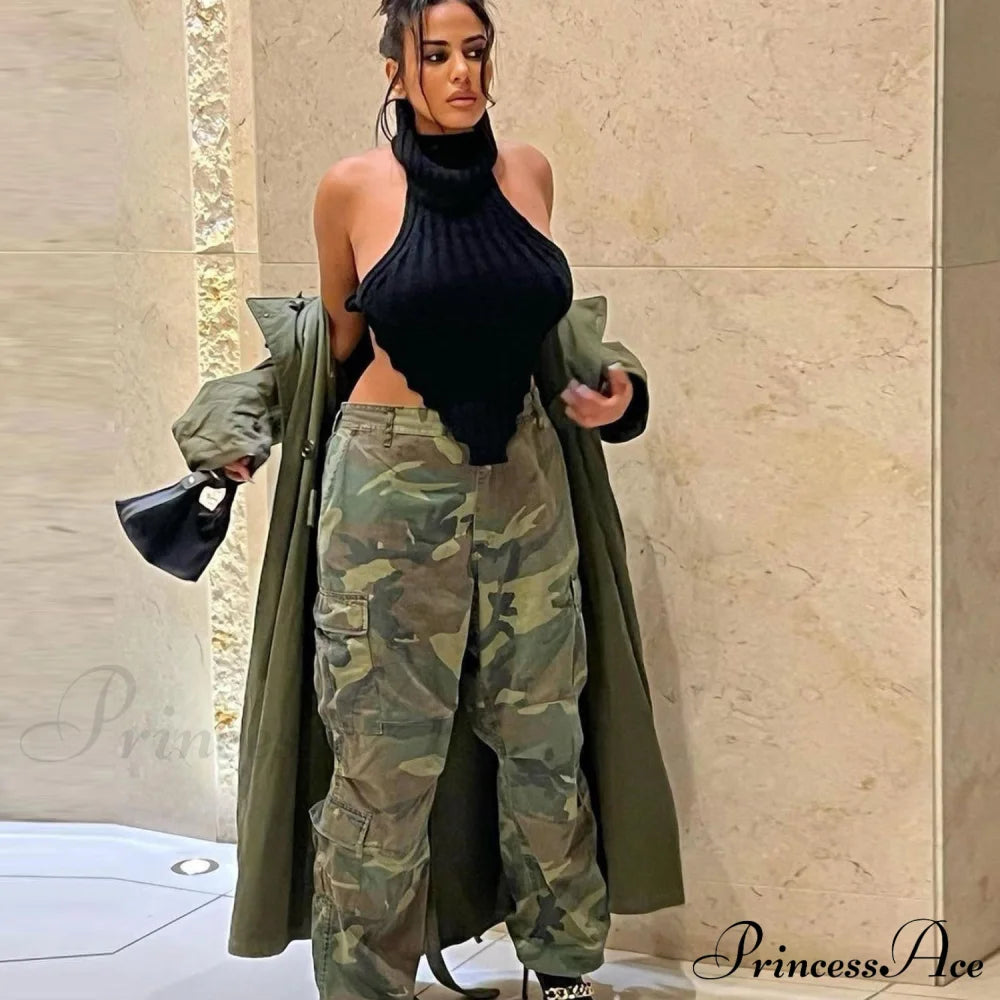 Knitted Turtleneck Stylish Backless Crop Top Shirts & Tops