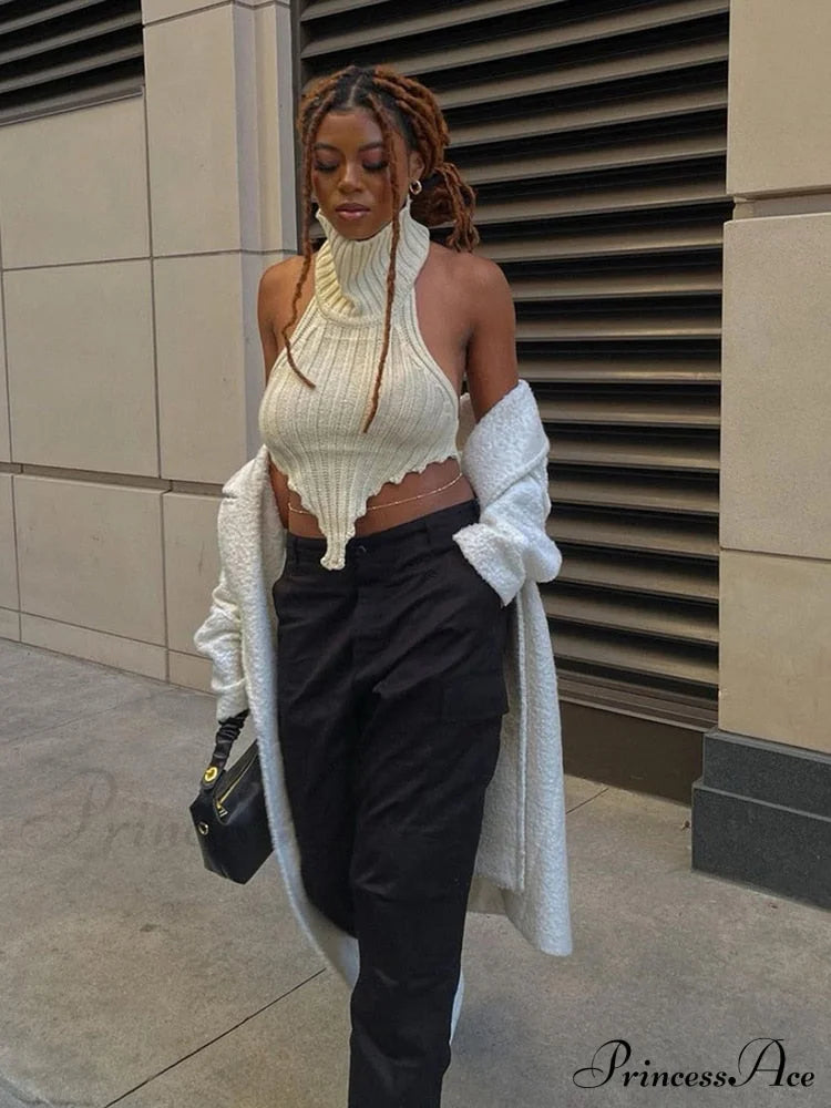 Knitted Turtleneck Stylish Backless Crop Top Shirts & Tops