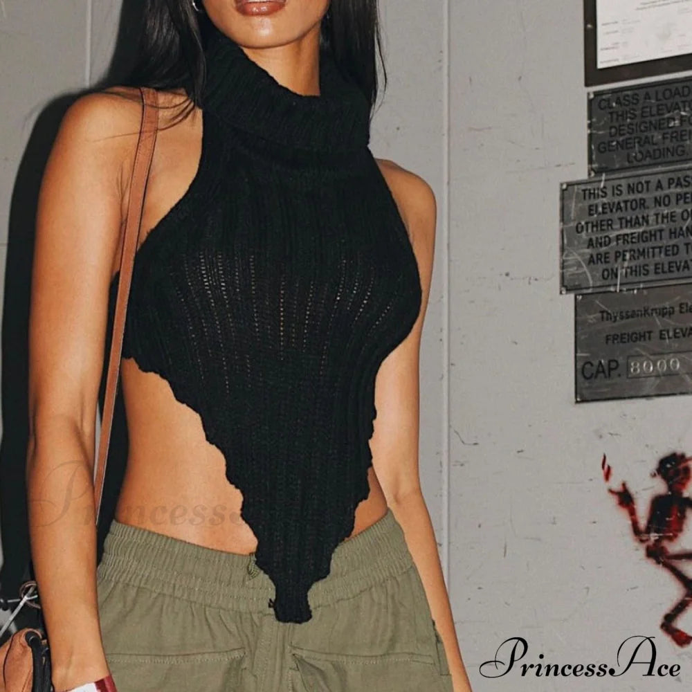 Knitted Turtleneck Stylish Backless Crop Top Shirts & Tops