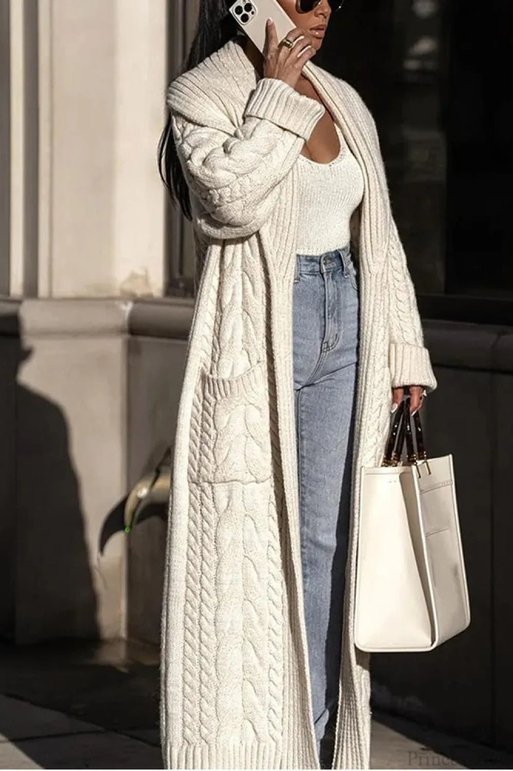 Knitted White Lapel Woolen Double Pocket Overcoat White / S