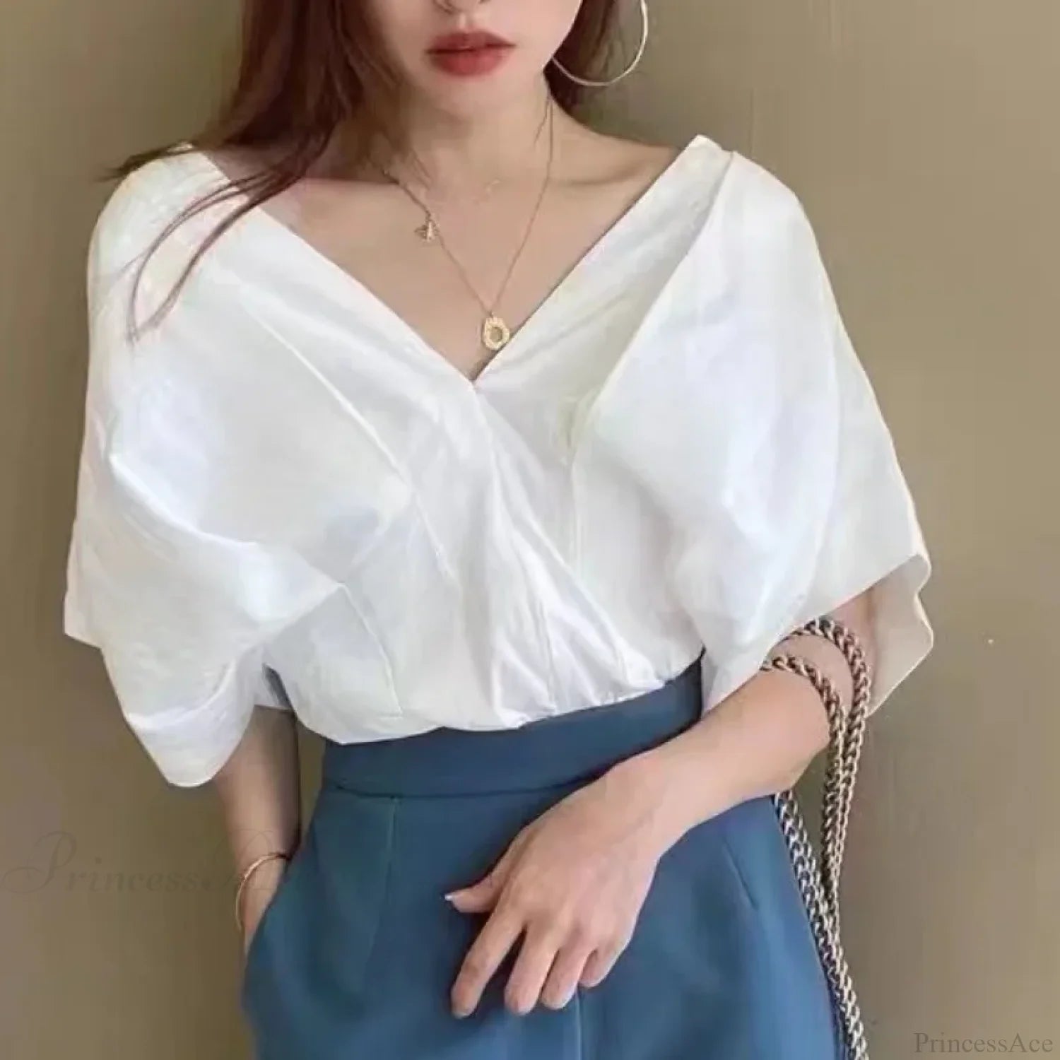Korean Ruffle Design V-neck Short Sleeve Casual Blouse blouse-250126