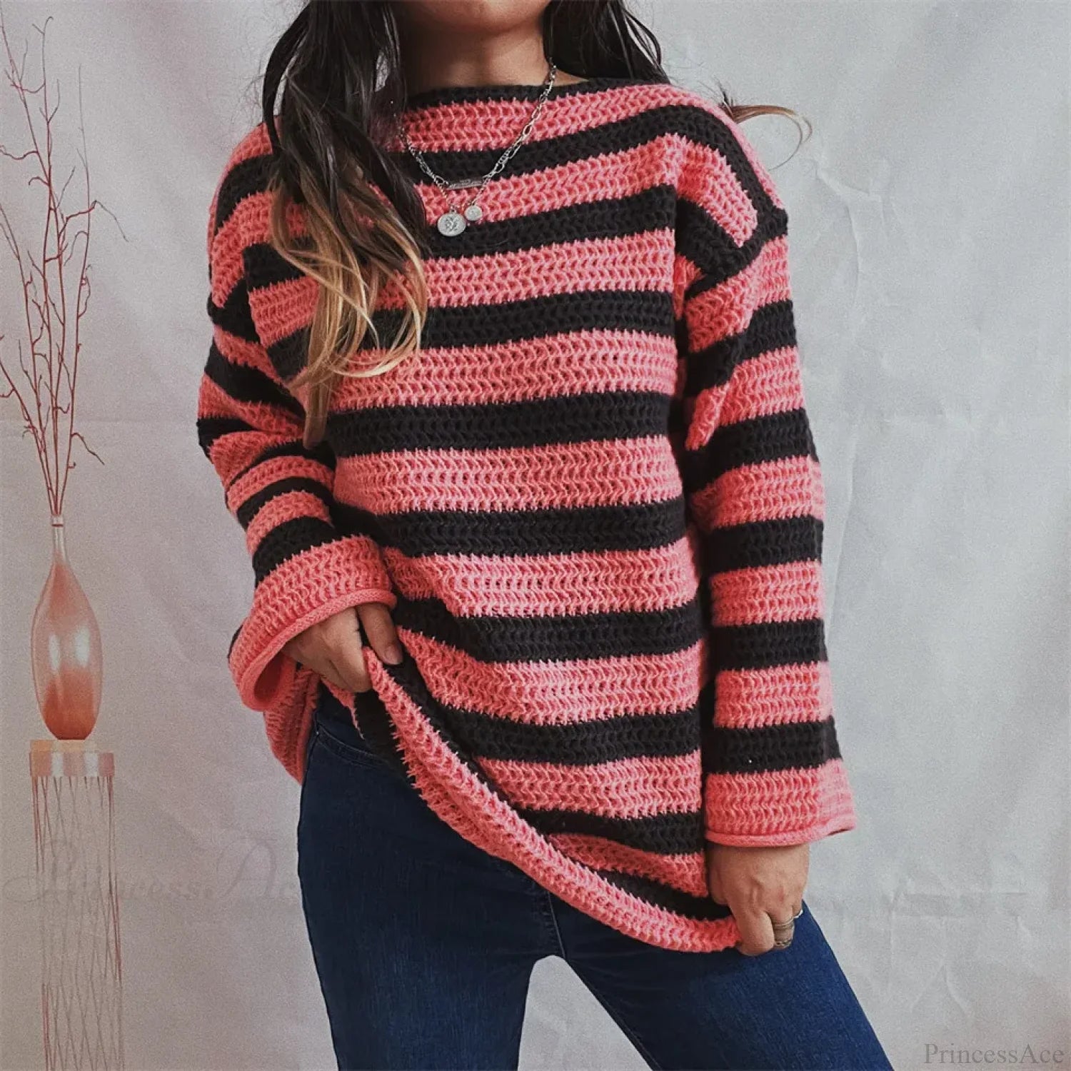 Korean Style Striped Oversized Sweater Pink / S