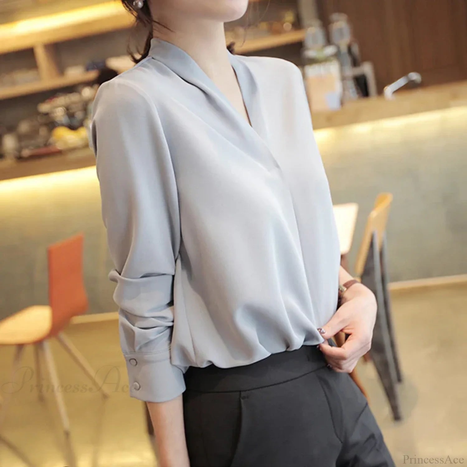 Korean Style V-neck Loose Chiffon Office Blouse Gray-blue / S blouse-250126