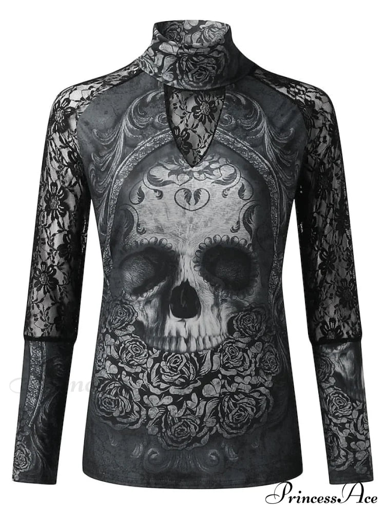 Lace Arm Skull Design Women’s Black Neck Long High T-Shirt
