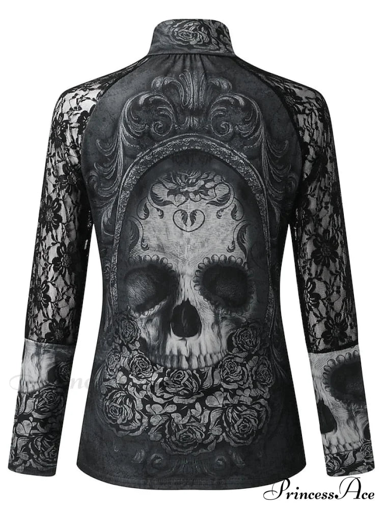 Lace Arm Skull Design Women’s Black Neck Long High T-Shirt