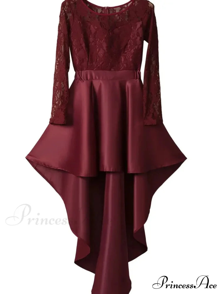 Lace Asymmetrical Dress With Long Sleeves And Crew Neck L / Blue Lace High Low Prom Dress