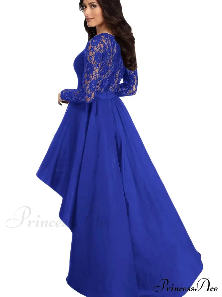 Lace Asymmetrical Dress With Long Sleeves And Crew Neck M / Burgundy Lace High Low Prom Dress