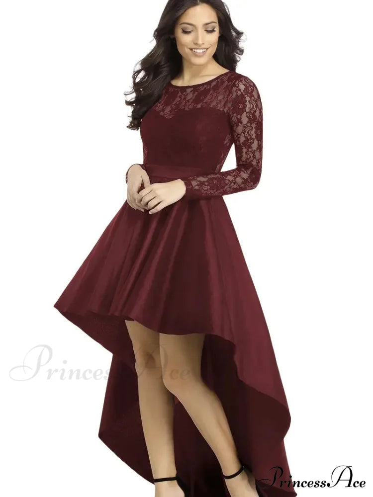 Lace Asymmetrical Dress With Long Sleeves And Crew Neck S / Blue Lace High Low Prom Dress