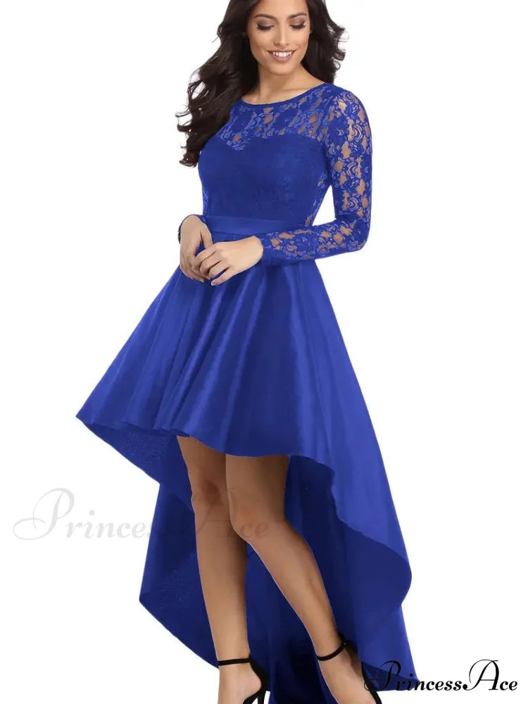 Lace Asymmetrical Dress With Long Sleeves And Crew Neck S / Burgundy Lace High Low Prom Dress