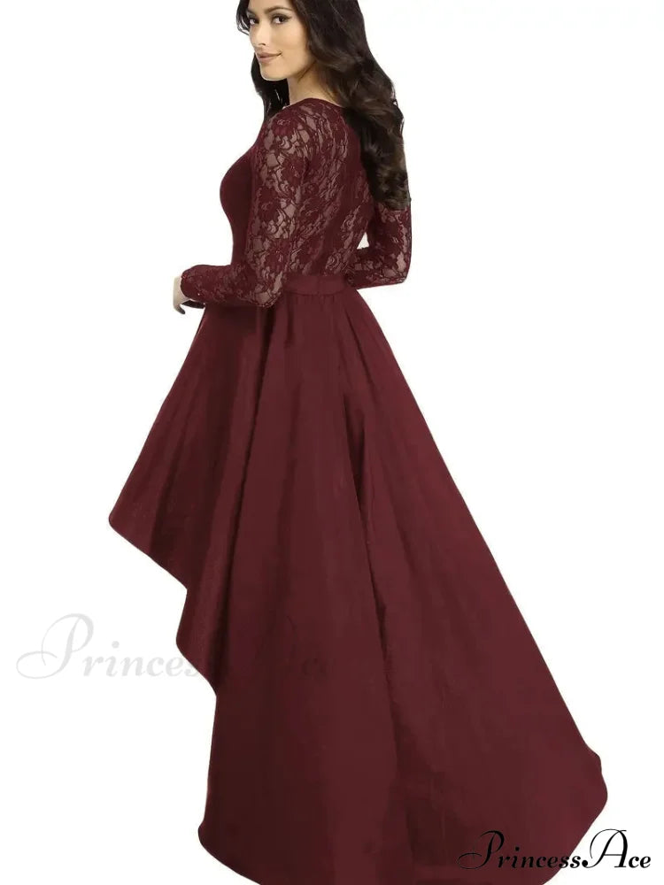 Lace Asymmetrical Dress With Long Sleeves And Crew Neck Xl / Blue Lace High Low Prom Dress