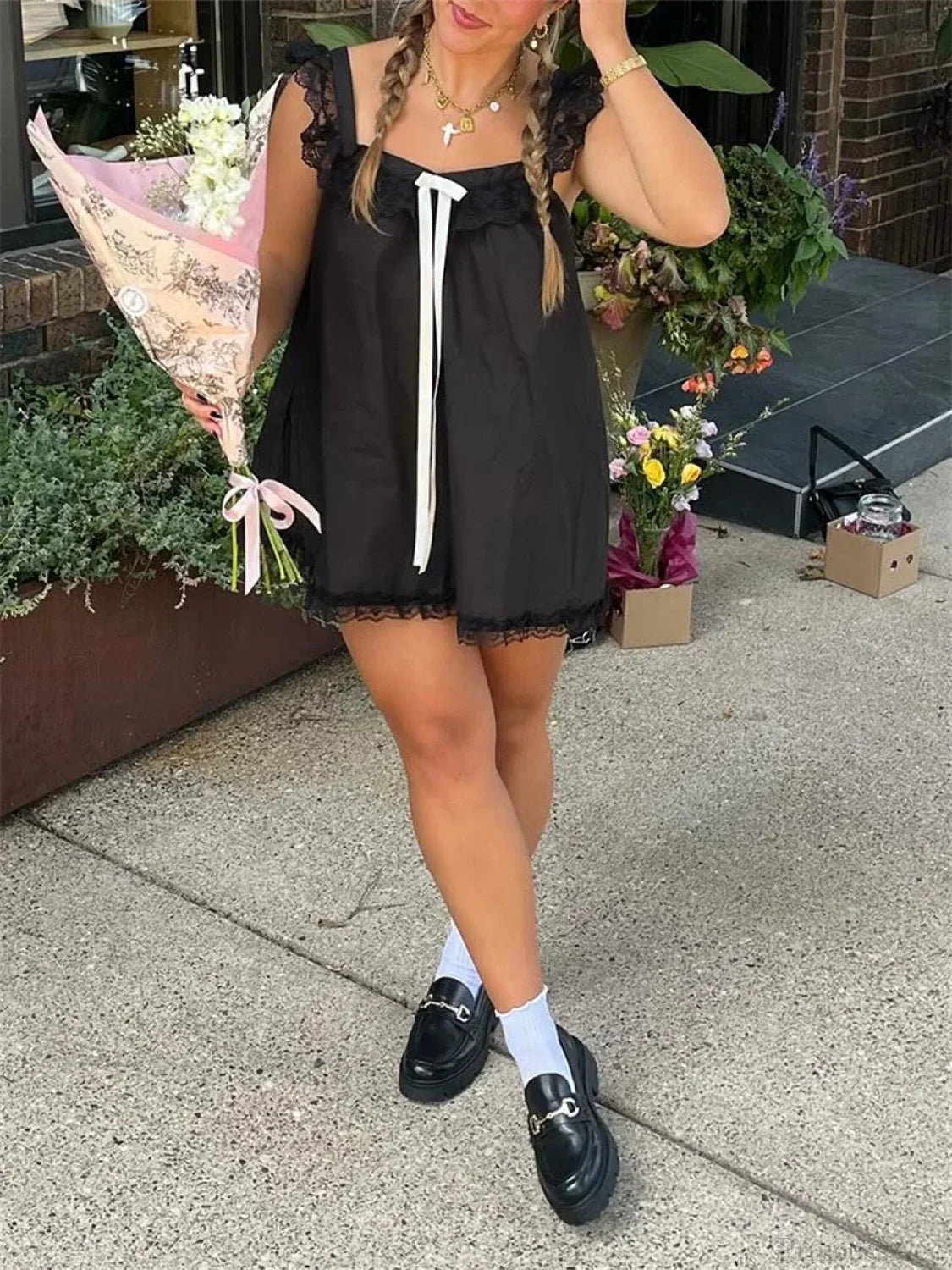 Lace Bowknot Embellished Mini Dress minidress-250223