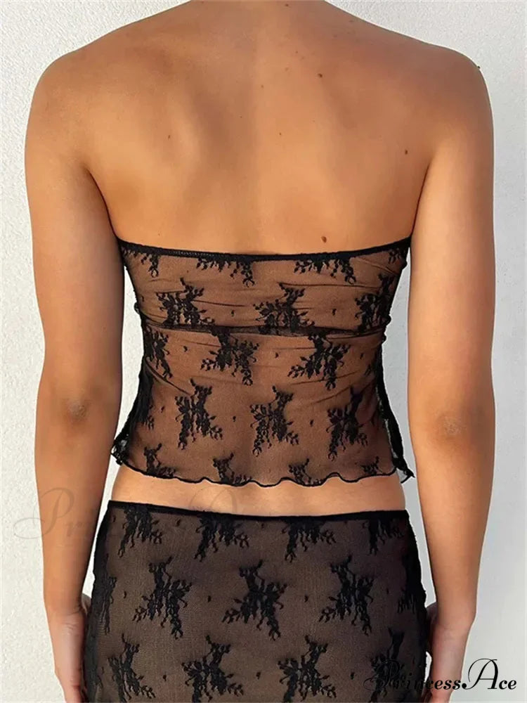 Lace Bustiers Corsets Strapless Off Shoulder Tubes Party Mesh See Through Tank Summer Mini Vest