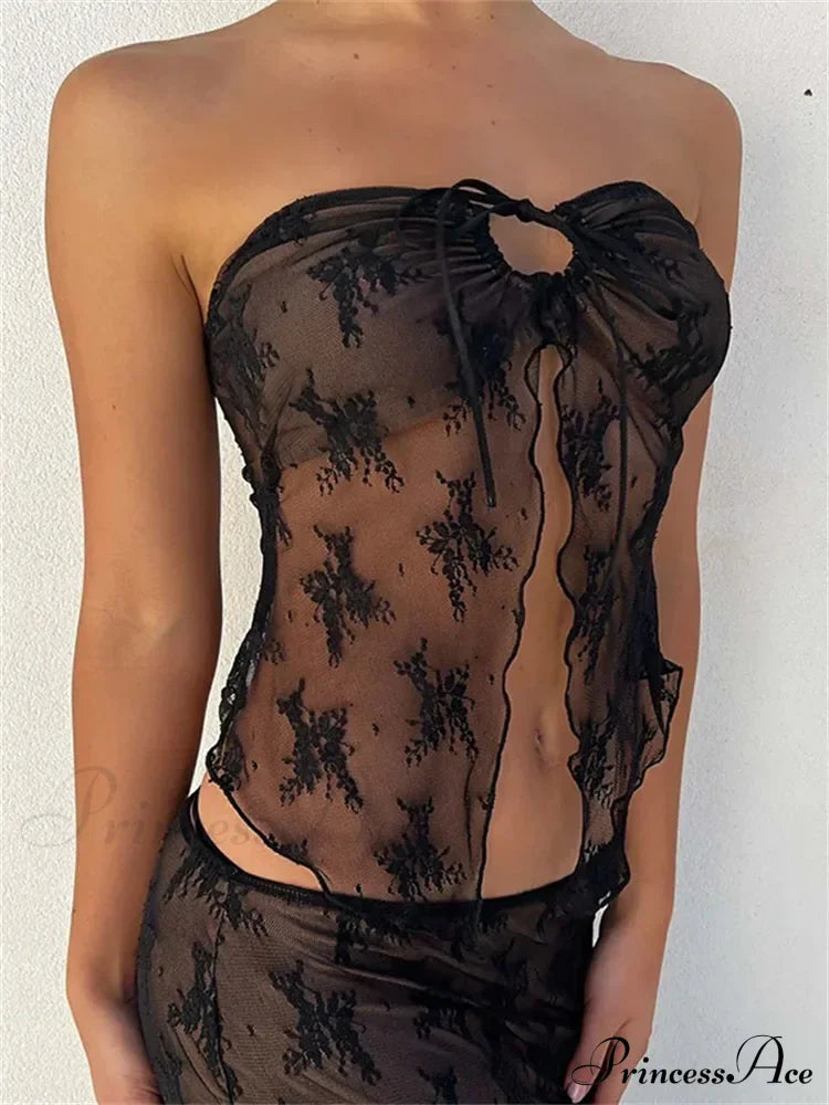 Lace Bustiers Corsets Strapless Off Shoulder Tubes Party Mesh See Through Tank Summer Mini Vest