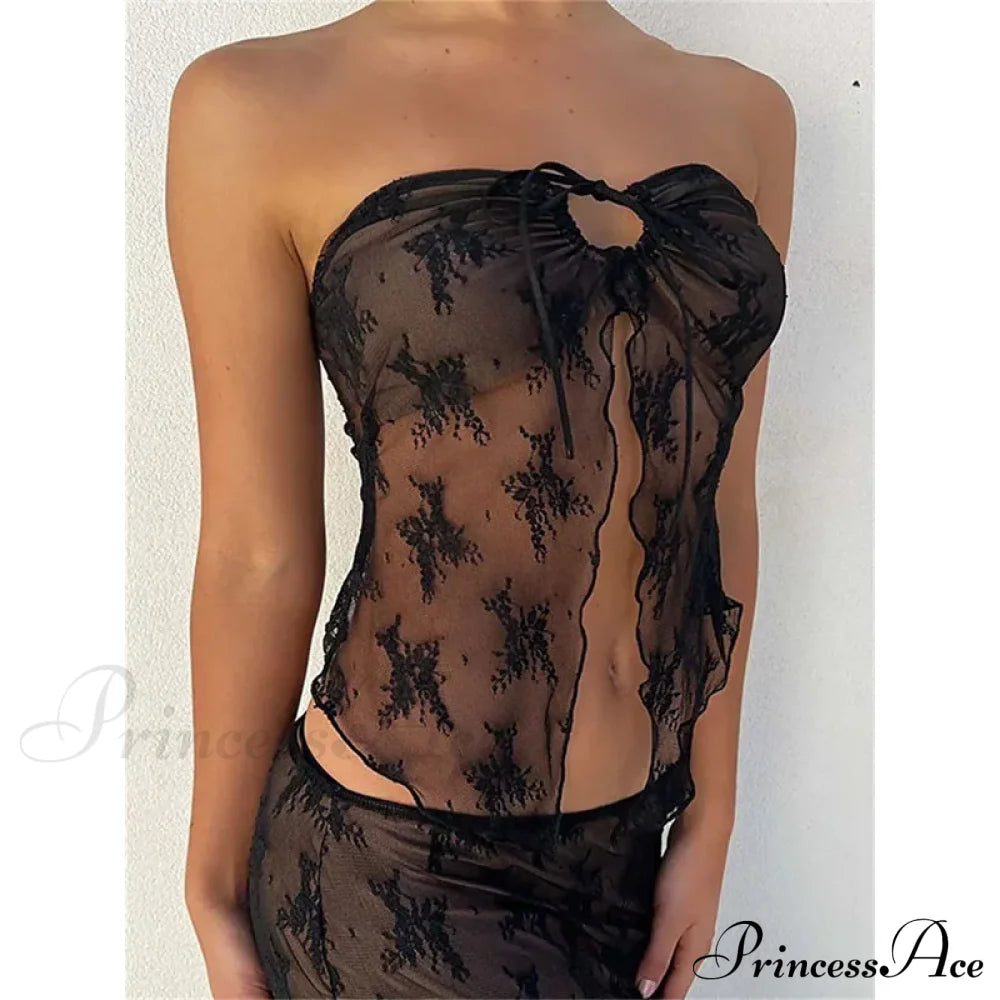 Lace Bustiers Corsets Strapless Off Shoulder Tubes Party Mesh See Through Tank Summer Mini Vest