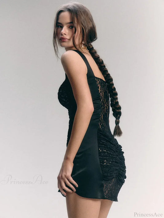 Lace Camisole Double-Layer Mini Dress Black / S minidress-250223