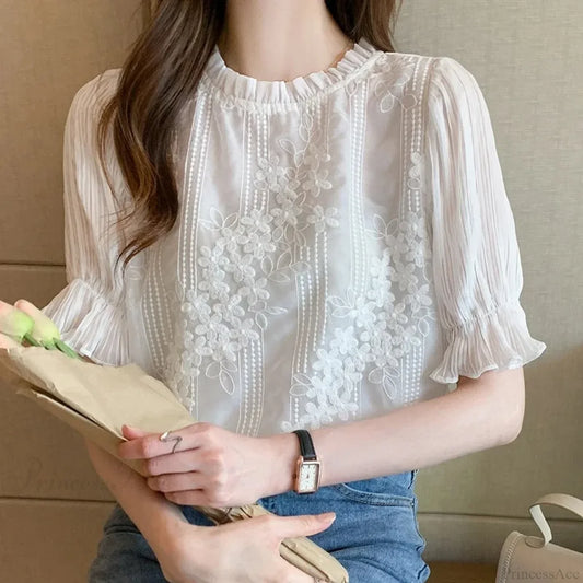 Lace Chiffon Short Sleeve Embroidery Blouse blouse-250126