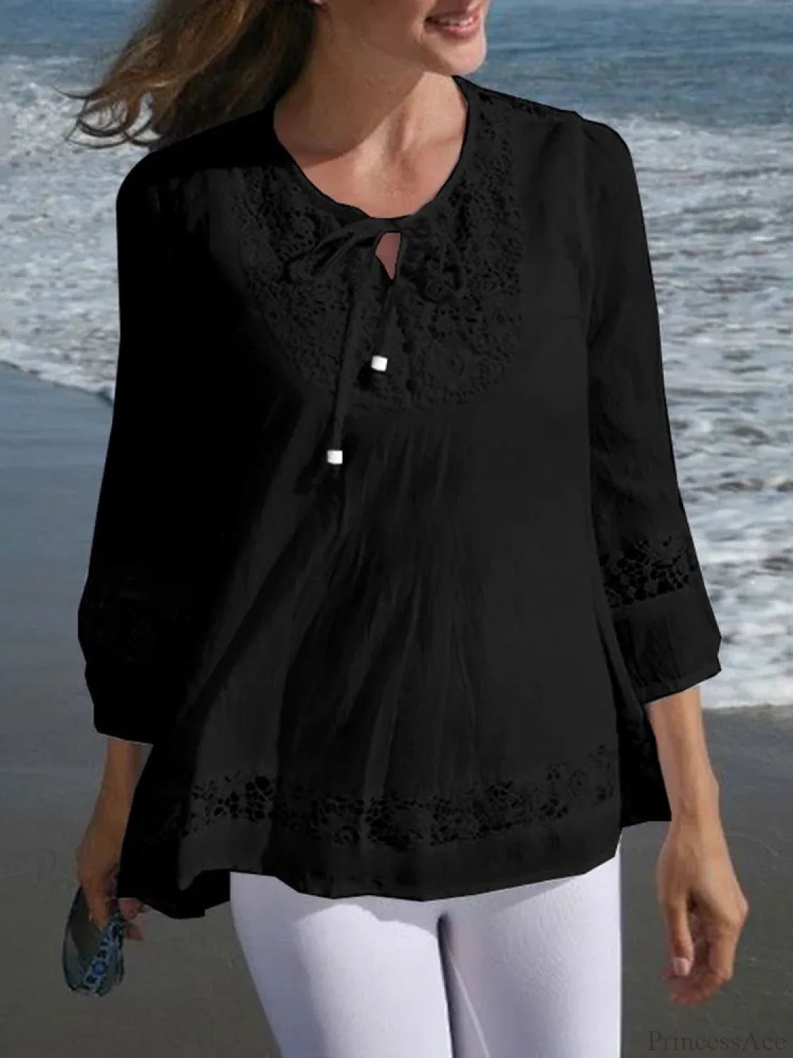 Lace Crochet Casual Patchwork Blouse Black / S blouse-250126