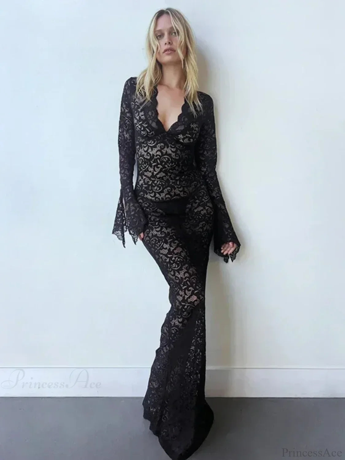 Lace Deep V Neck Flared Sleeve Vacation Dress Black / S vacationdress-250223