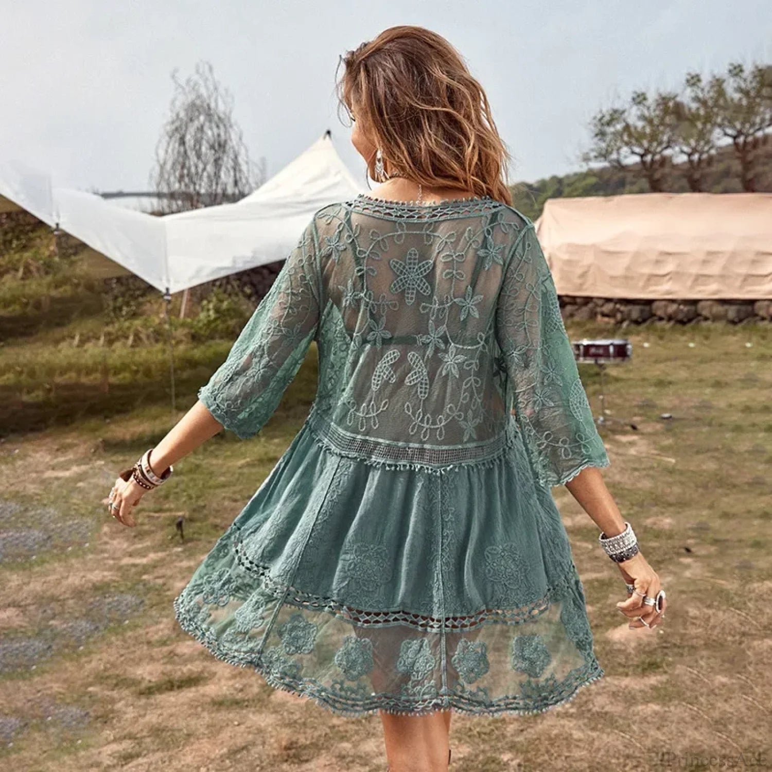 Lace Deep V-neck Floral Embroidery Boho Cover up bohocoverup-250126