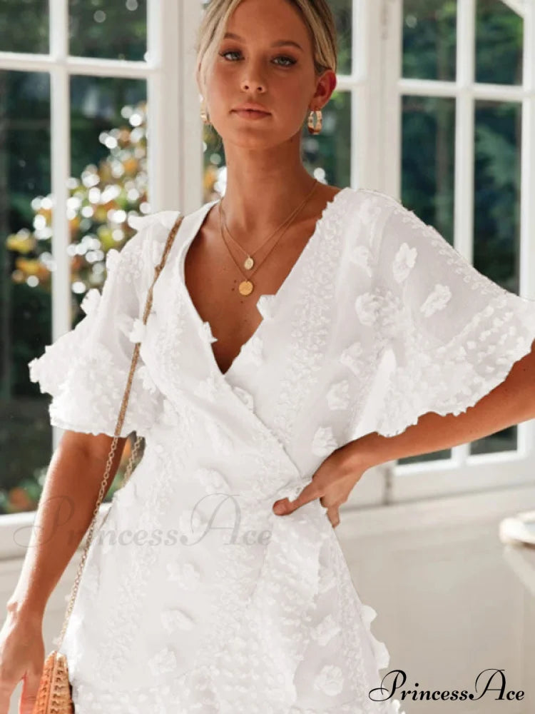 Lace Dress For Chain Short-Sleeved Flower Link V-Neck Women White / S Women’s Short Sleeve Mini