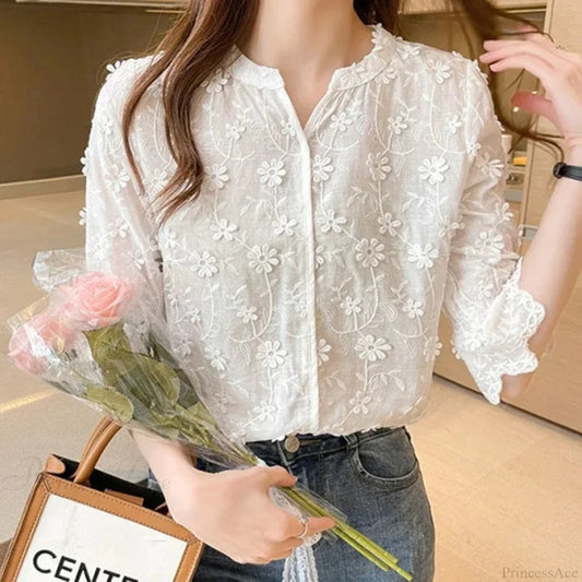 Lace Embroidered Floral Short Sleeve Casual White Blouse WHITE / S blouse-250126
