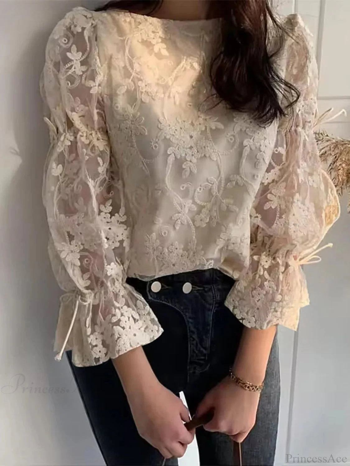 Lace Embroidery Puff Sleeve Blouse Beige / S blouse-250126