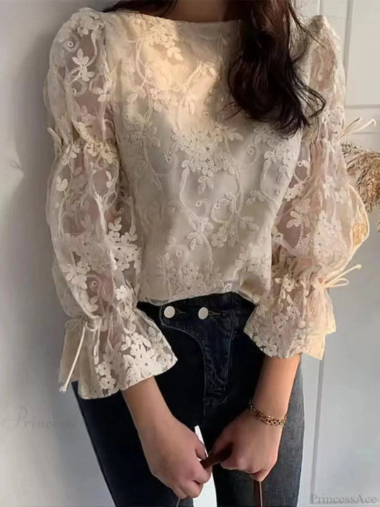 Lace Embroidery Puff Sleeve Blouse Beige / S blouse-250126