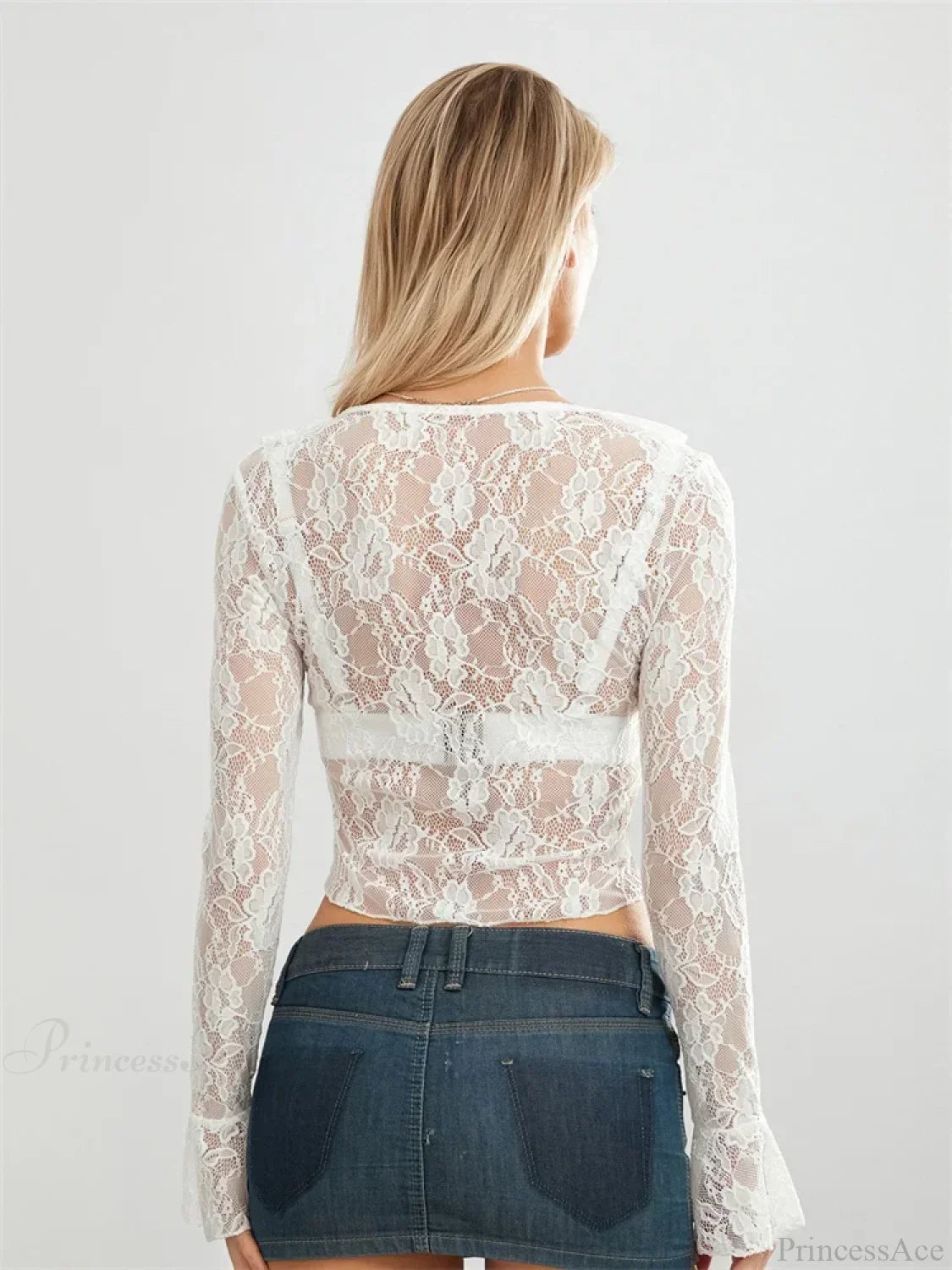 Lace Flare Sleeve Tie Up See Through Blouse blouse-250223