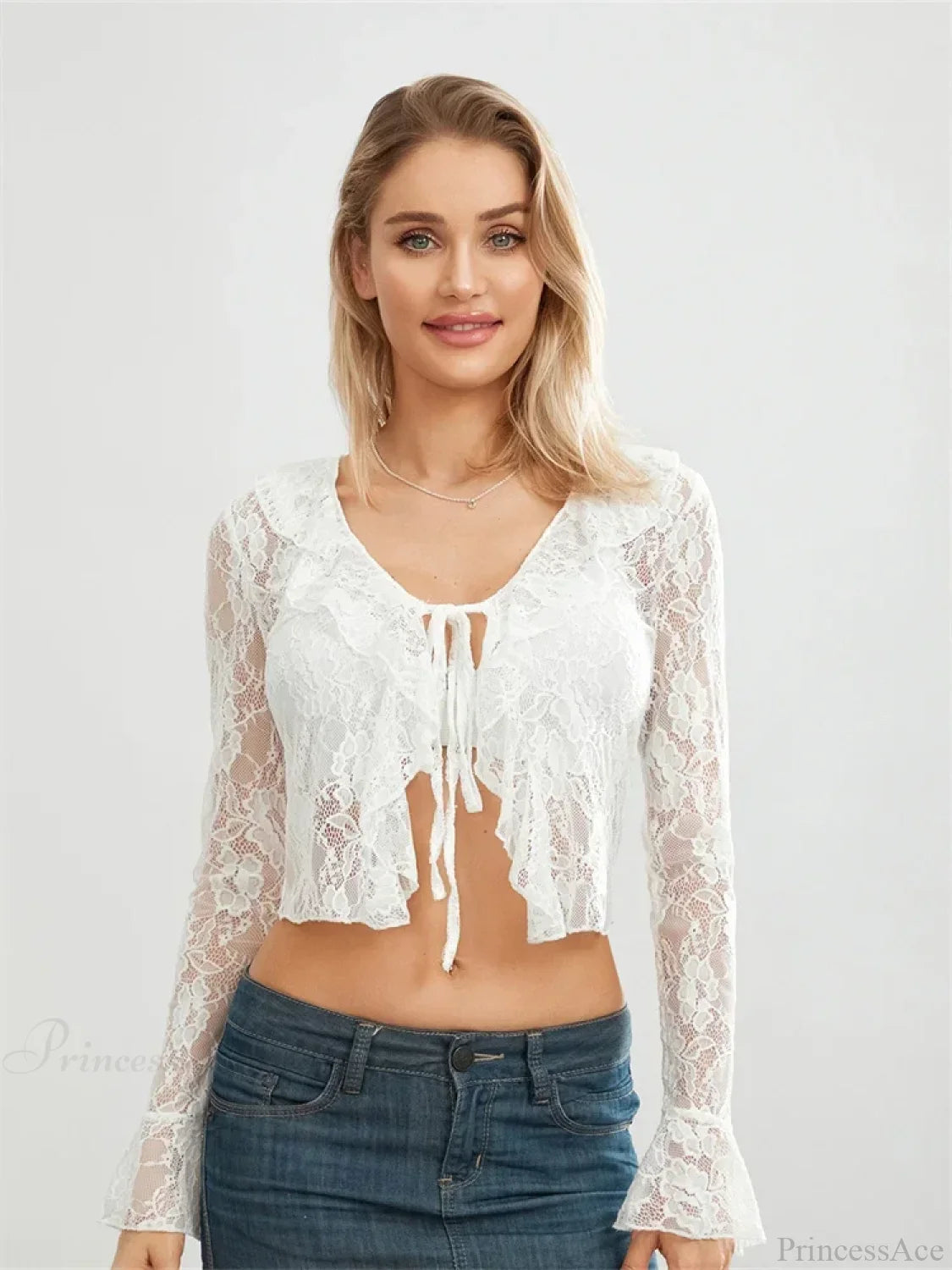 Lace Flare Sleeve Tie Up See Through Blouse blouse-250223
