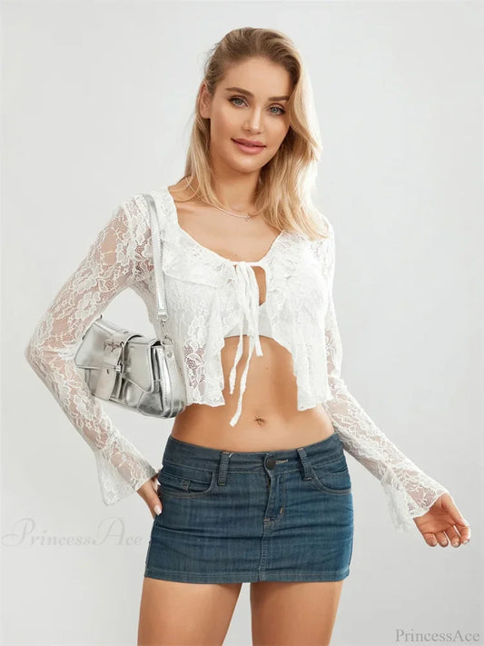 Lace Flare Sleeve Tie Up See Through Blouse WHITE / S blouse-250223