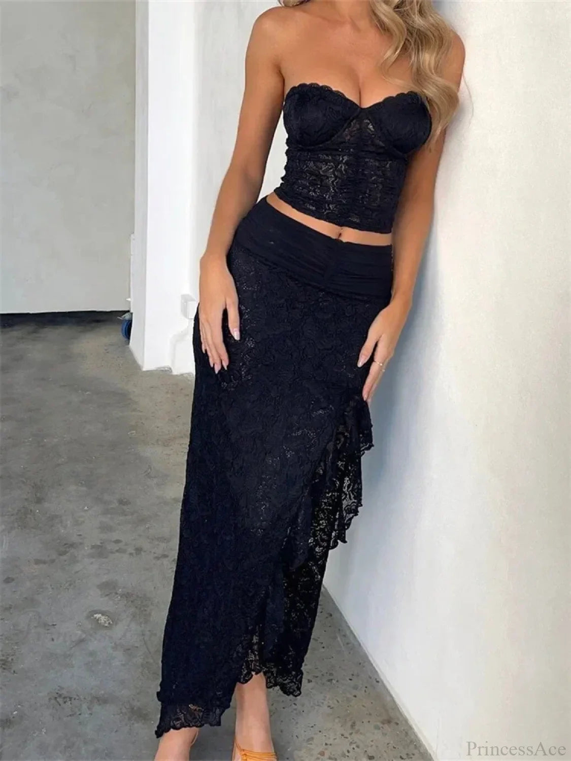 Lace Floral Bustiers Crop Top High Split Long Skirt Set skirt-250126