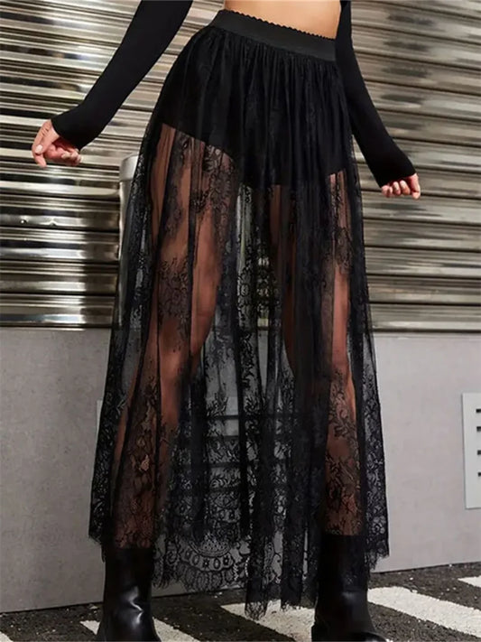 Lace Floral Long Maxi Skirt Solid Mesh Built-in Shorts Skirt BLACK / S skirt-250126