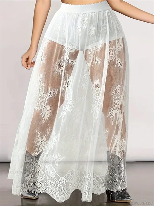 Lace Floral Long Maxi Skirt Solid Mesh Built-in Shorts Skirt WHITE / S skirt-250126