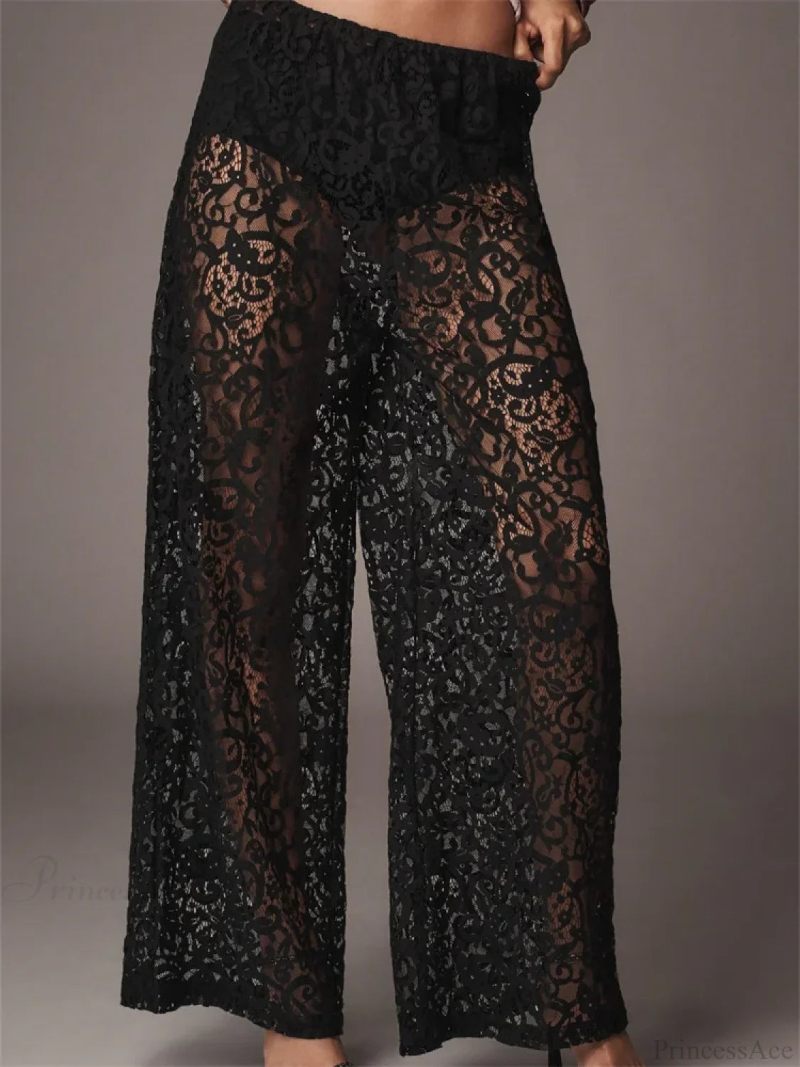 Lace Floral Mesh See-Through Black Wide Leg Pant BLACK / S pant-250223