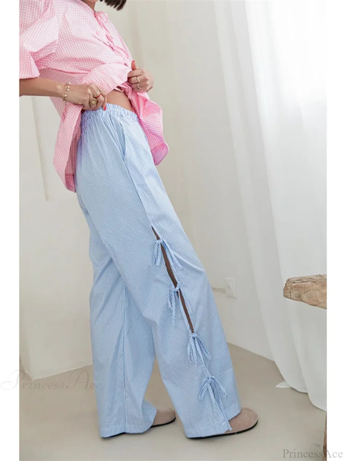 Lace Floral See-Through Elastic Waist Wide Leg Pant pant-250223